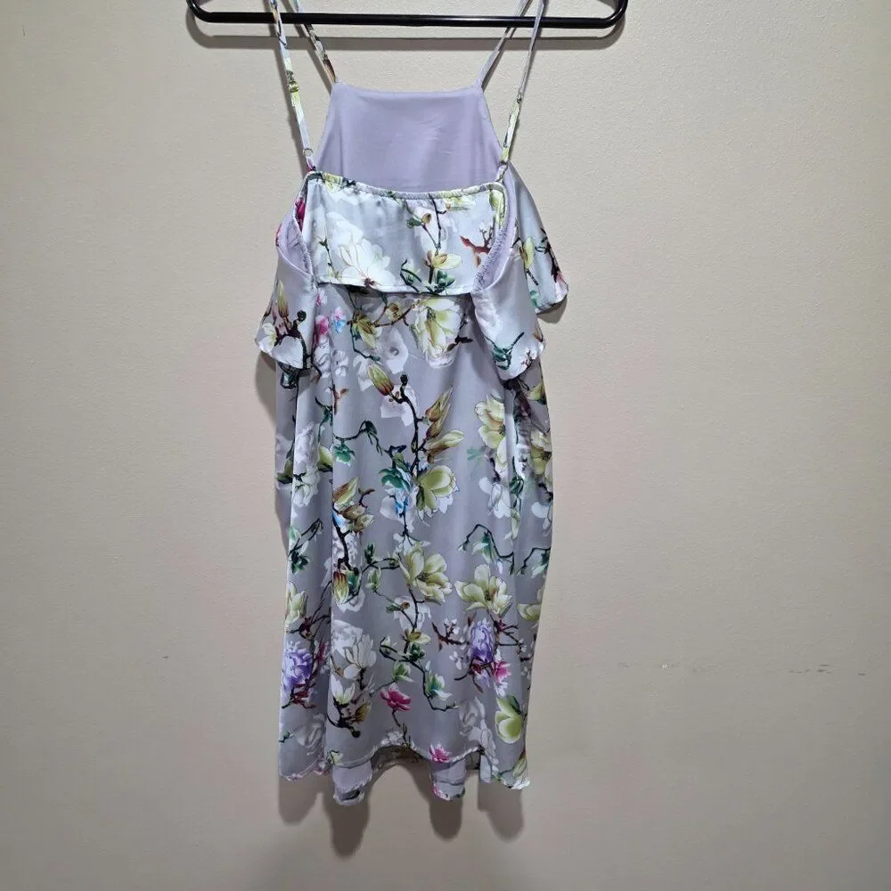 Doe‎ & Rae Floral Ruffle Mini Dress Medium Lavender Spaghetti Strap Lined NWT